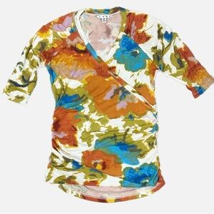 CAbi Knit Floral Print 3/4 Sleeve Crossover Blouse Style #309